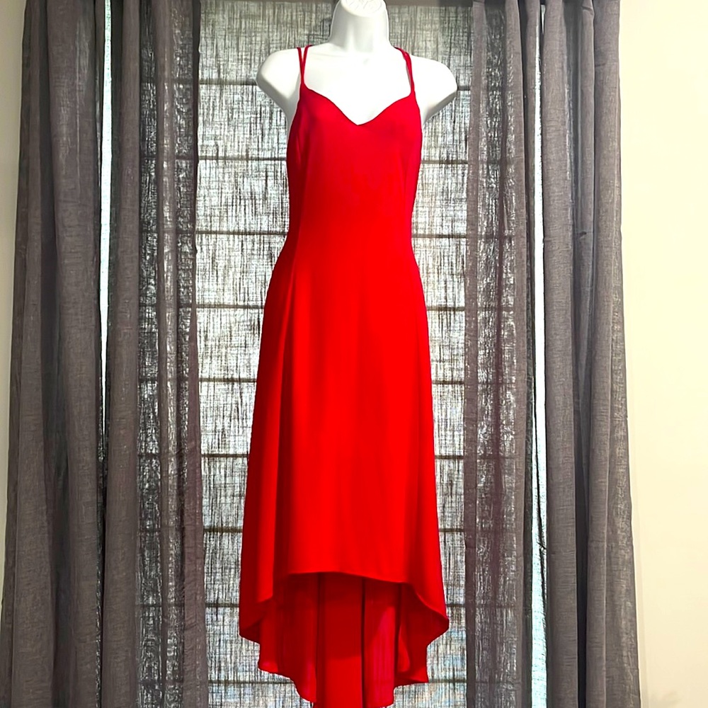 Stunning Red Dress Flowy georgette Asymmetrical Hemline XS